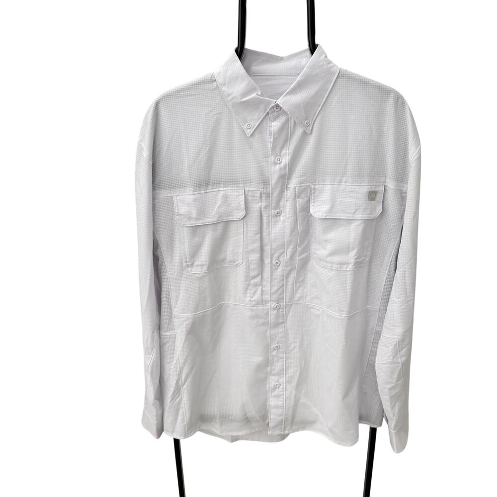 Huk Men’s Medium White Long Sleeve Button Front Fishing Shirt Dual Chest Pockets